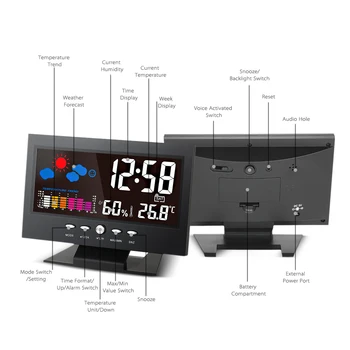 Черно многофункционален температура и влажност на въздуха електронен часовник барометър цветен дисплей за времето на камбаната на звука управление на часове