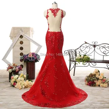 Bling Bling Long Mermaid Секси без гръб Red Wedding Dress Русалка червено вечерна рокля за абитуриентски 2019 x04082