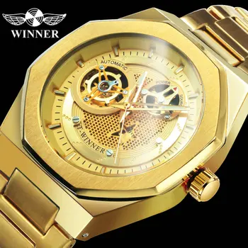 Победителят от Royal Automatic Watch мъже класически бизнес скелет златен часовник каишка от неръждаема стомана ръчен часовник светещи ръчни часовници