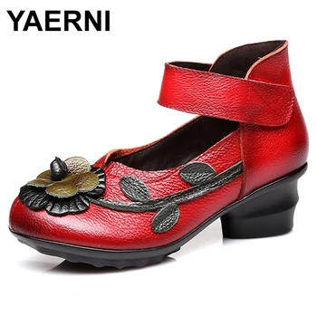YAERNI високо качество на жените свободно време ретро печат мода естествена кожа на среден ток сватбени обувки жена естествена кожа помпи E421