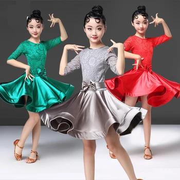 Латински танц нова рокля дантела детска пола с дълги ръкави момичета стандартна конкурс бални танци рокли за деца DL3133