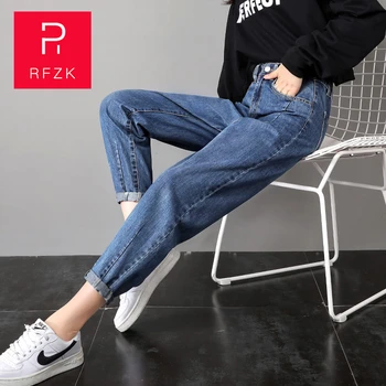 RFZK 2020 нов тънък директни стари панталони с висока талия Дънки елегантна градинска женски корейски стил тънък дънки с високо качество