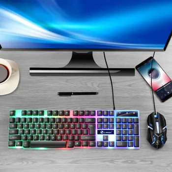 GTX300 USB Wired Цветни LED Осветен Gaming Keyboard With Mouse For PC Laptop Осветен Wired Цветни LED Осветен