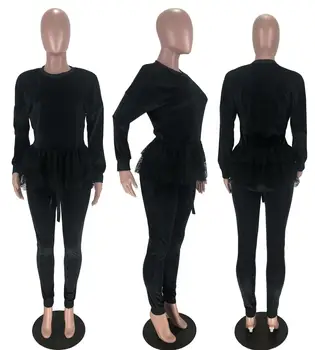 Кадифе прежди дамски комплекти дрехи от плътен цвят топ с дълъг ръкав и чист цвят ежедневни дълги панталони комплект от две части