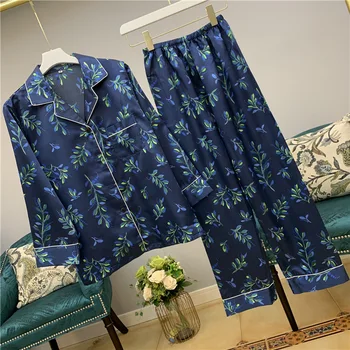 Копринени пижами за жени пижами набор от общи печат домашно облекло пижама с дълъг ръкав пижами