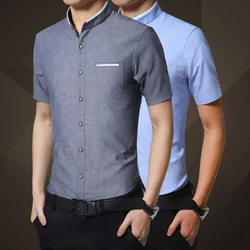 Мъжки Ежедневни Solid Slim Fit Dress Тениски Mandarin Collar Men Korean Short Sleeve Social Formal Business Shirt Male Camisas TS-460