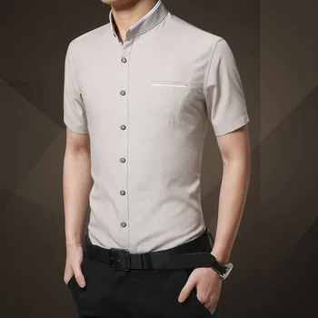 Мъжки Ежедневни Solid Slim Fit Dress Тениски Mandarin Collar Men Korean Short Sleeve Social Formal Business Shirt Male Camisas TS-460