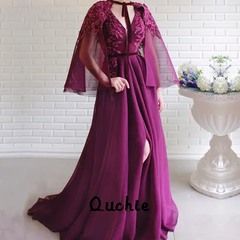 Гроздето лилаво разрез илюзия разкроена ръкави вечерни рокли специален случай халат soiree Ислямски Дубай кафтан саудитски арабски бала нощ