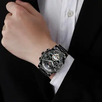 DOM Brand мъжки часовник автоматично механични часовници Tourbillon Sport Clock черна стомана ежедневните бизнес ретро ръчен часовник M-75BK-1MH