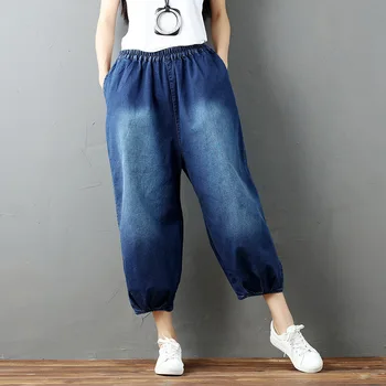 Литературни лоскутные дамски дънки еластичен колан плюс размера на свободни широки панталони ежедневни панталони отговаря на всички прилив на корейски стил