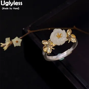 Uglyless днешно стерлинговое сребро 925 проба натурален нефрит цвете сливи открити пръстени за жени позлатени пчелите безименен пръст, скъпоценни камъни, бижута