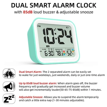 Цифров настолен двоен будилник за спални,малки пътни часовник с led дисплей на температурата и влажността, димер и повторение на