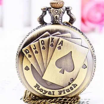 Античен Бронз Royal Flush Карти За Покер Джобни Часовници Огърлица Верига Коледен Подарък