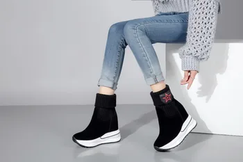 {Zorssar} 2018 fashion women зимни ботуши sued leather height increasing ботуши womens ankle sock ботуши на високи токчета на Обувки на платформа