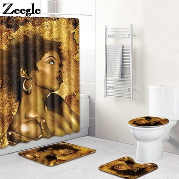 Подложка за вана и душ завеса набор от фланелевых постелки за краката, определени Секси красотата е печат на декора на банята килим водоустойчив набор от тоалетни постелки