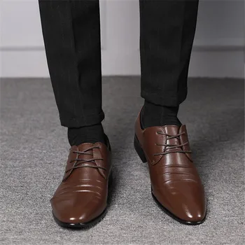 Мъжки кожени обувки Оксфорд изкуствена кожа, мъжки обувки на плоска подметка дишащи мъжки банкетни сватбени обувки офис мокасини