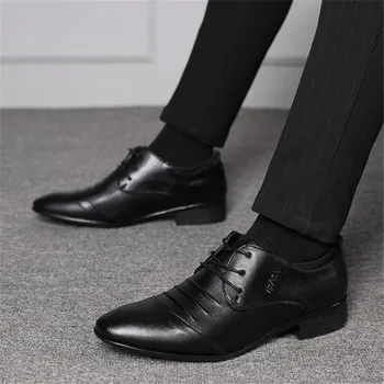 Мъжки кожени обувки Оксфорд изкуствена кожа, мъжки обувки на плоска подметка дишащи мъжки банкетни сватбени обувки офис мокасини