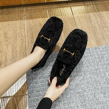 2021 нова мода есен-зима квадратен чорап ежедневни дамски апартамент обувки зимни топли обувки метални орнаменти мързеливи дами дамски обувки