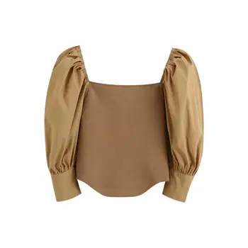 2020 нов дамски блузи кафяв плътен вязаный V-образно деколте с дълъг ръкав пуловер ежедневни свободен стил на Дамски дрехи