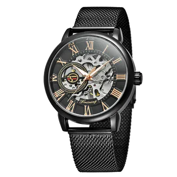 FORSINING Марка часовници мъжки стоманена мрежест каишка Механични ръчни часовници мъжки Златен страна на вятъра скелет спортни часовници Relogio Masculino
