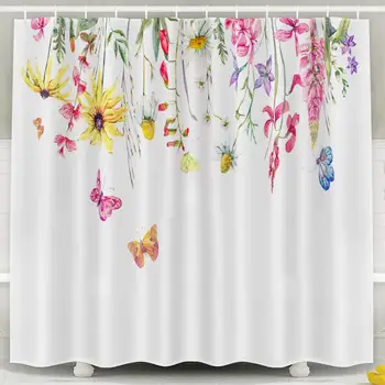 Цвете душ завеса сладък душ пердета Акварел с полевыми цветя ливади билкови лайка и пеперуди Ботаническата