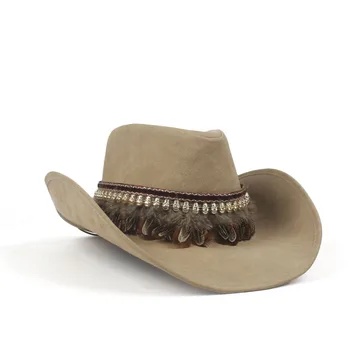 Мода на жените и мъжете кожа Западна ковбойская шапка на господин баща фетровая шапка сомбреро Хомбре шапки размер 58-59 см с пънк-перо колан