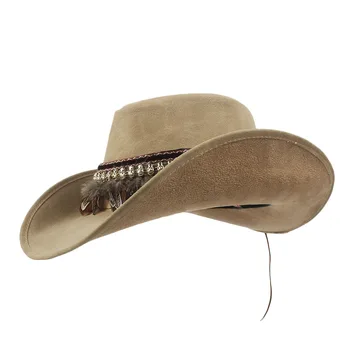 Мода на жените и мъжете кожа Западна ковбойская шапка на господин баща фетровая шапка сомбреро Хомбре шапки размер 58-59 см с пънк-перо колан