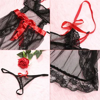 Завързана секси комплект дамско бельо-Секси еротична рокля+прашки Porno Babydoll Set секси бельо плюс размер M-3XL черна американска облекло