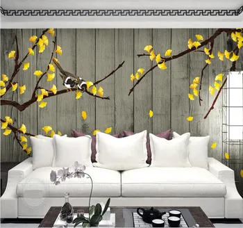 Потребителски стенни тапети за декорация на дома живопис гинко ръчно рисувани цветя и птици, зърно дърво на фона на стената