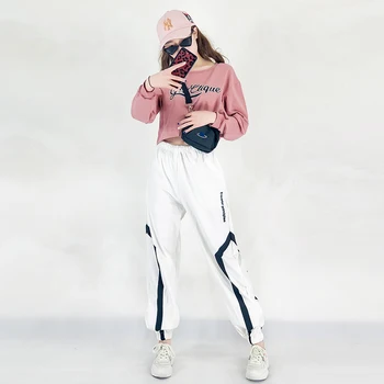 Хип-хоп костюм за Жени розов цвят с дълъг ръкав бели панталони Улични танци дрехи момичета Джаз сценична дрехи модерни шоу екипировки DT866