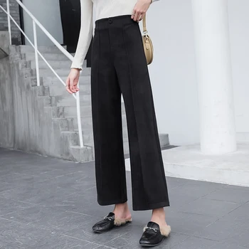 Дамски зимни вълнени панталони корейската мода дължина до глезена с висока талия Широки панталони ежедневните свободни бежови черни панталони Женски палацо
