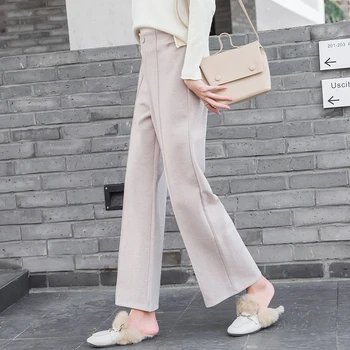 Дамски зимни вълнени панталони корейската мода дължина до глезена с висока талия Широки панталони ежедневните свободни бежови черни панталони Женски палацо