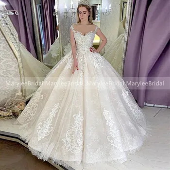 2020 Принцеса бална рокля сватбена рокля дължина на пода на поръчка романтична дантела сватбени рокли Cap ръкави Robe de Mariee Vestidos