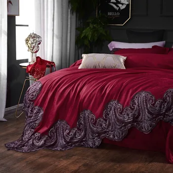 луксозен, червен 120S египетски памук романтични дантелени комплекти легла кралица крал сватбен пухени чаршаф набор от покрива възглавница 4шт Европа